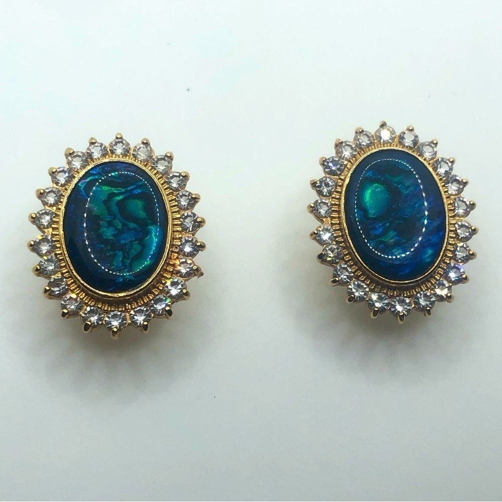 VTG Abalone & Crystal Gold Tone Stud Earrings Costume 1.2”